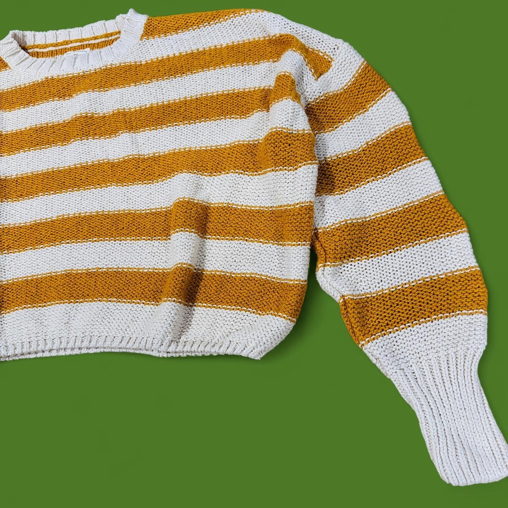 Billabong Striped Cropped Sweater Small Yellow Cream Chunky Knit Beachy - Picture 10 of 12